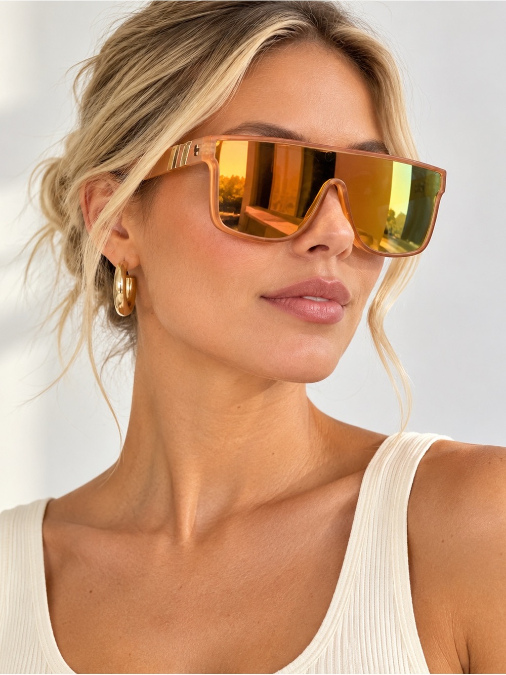 Oversized Shield Sunglasses Amber Peach Mirrored Lens Futuristic Y2K